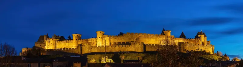 The towers and curtain walls of the fortified city of Carcassonne