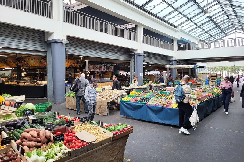 Stalls inside the covered Marché des Capucins