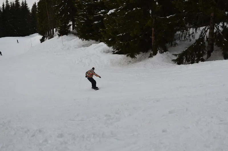 A snowboarder among the trees on a piste at Les Houches