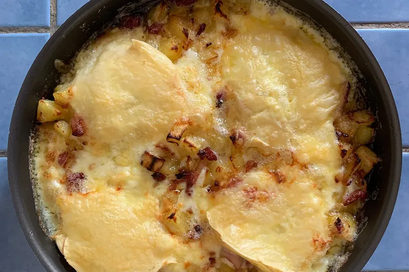 Tartiflette fresh from the oven, its Reblochon top browned