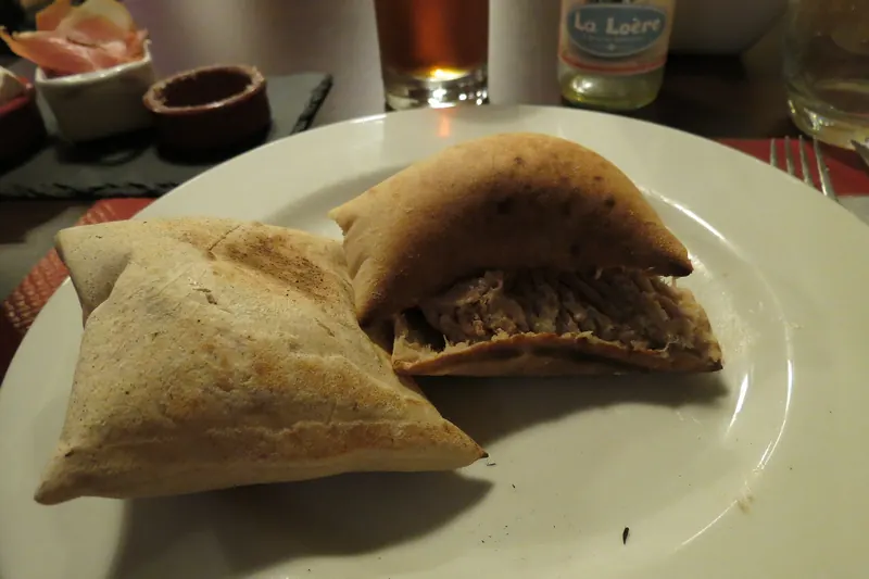 Fouées split open and filled with rillettes