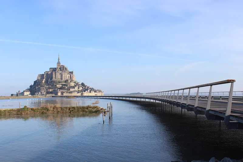 Water surrounding Mont-Saint-Michel and the causeway at high tide