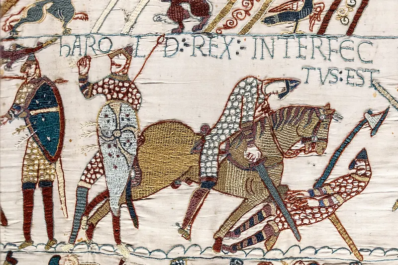 A scene from the Bayeux Tapestry showing the death of Harold