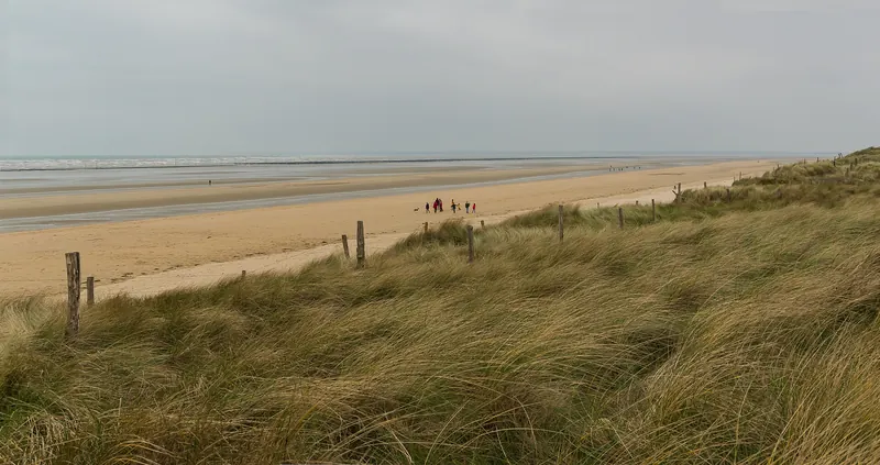 The wide flat sands and dune grass of Utah Beach today