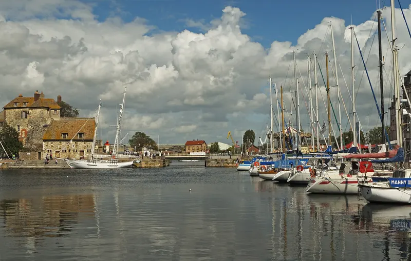 The tall slate-fronted houses around the Vieux Bassin at Honfleur