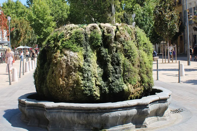 The moss-covered fountain on the Cours Mirabeau in Aix-en-Provence