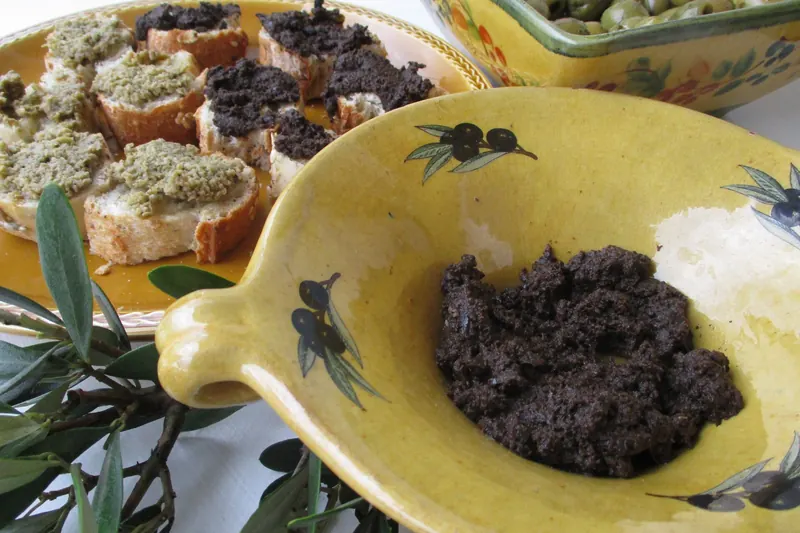 A bowl of black olive tapenade