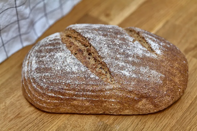 A dense German rye bread loaf