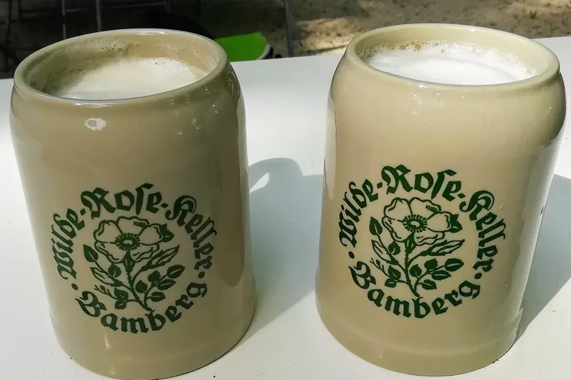 Regional German beer steins at a Franconian beer garden