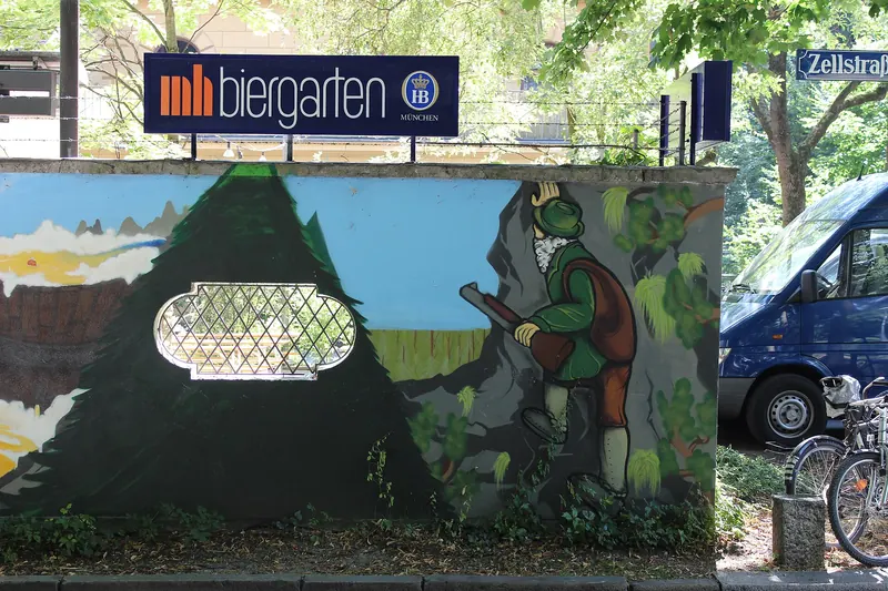 A traditional beer garden with long communal tables in Munich