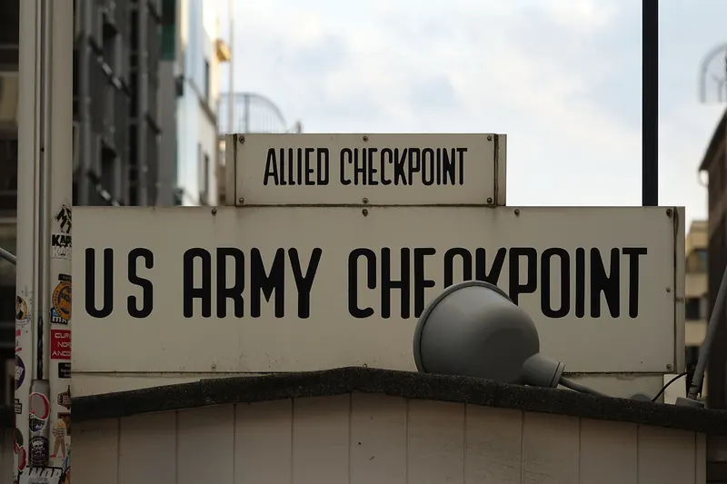 The famous sign marking the former Checkpoint Charlie border crossing