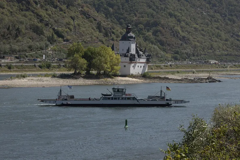 A boat on the Rhine near the island castle of Pfalzgrafenstein