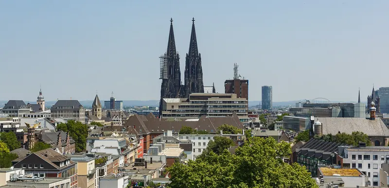 Cologne Cathedral's twin Gothic spires above the city's old town