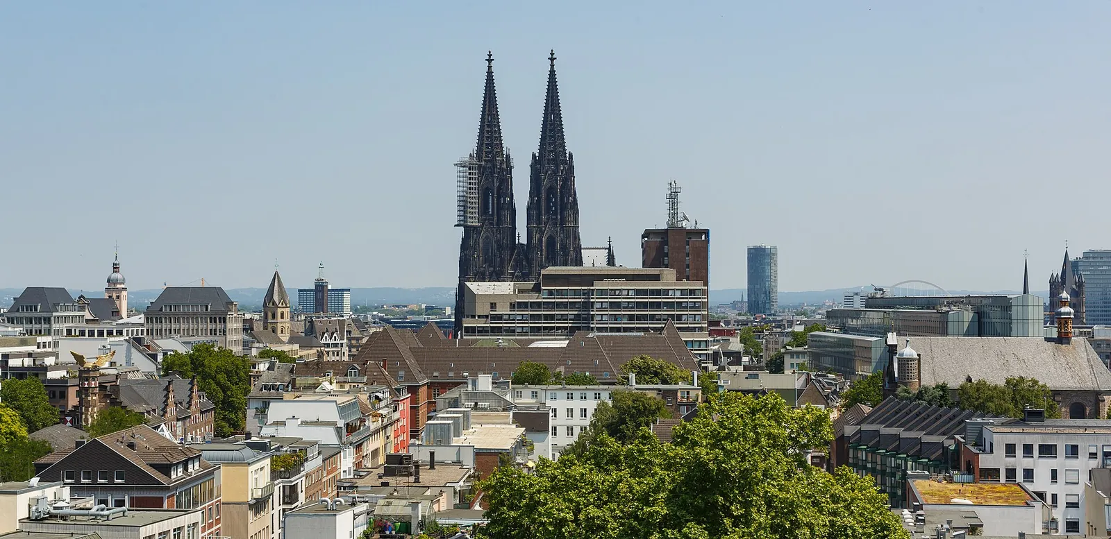 Cologne Cathedral's twin Gothic spires above the city's old town