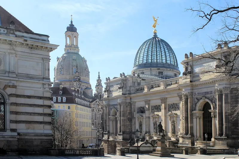 The Frauenkirche's patchworked stone facade in Dresden