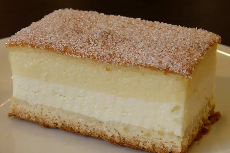 A slice of Dresdner Eierschecke layered cake