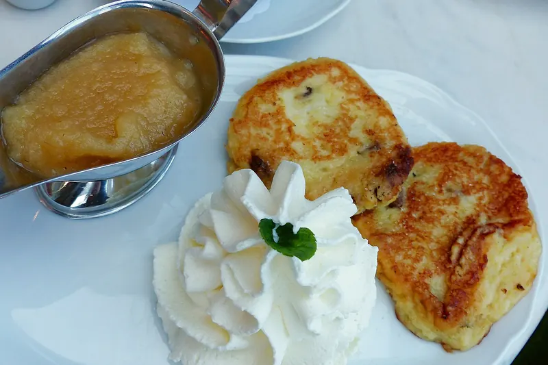 Fried Quarkkeulchen curd cheese patties with apple sauce