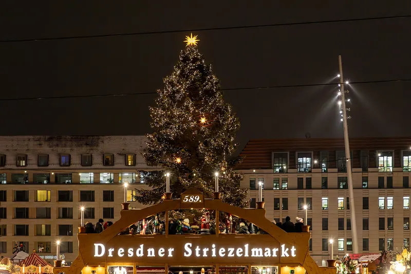Stalls at Dresden's historic Striezelmarkt Christmas market