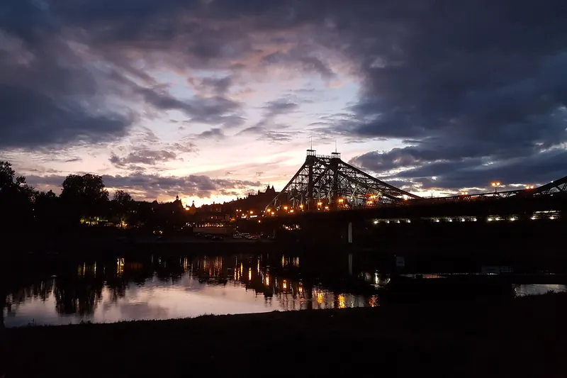 The Blue Wonder bridge over the Elbe at sunset