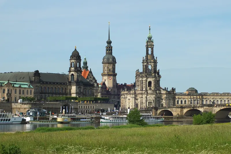 Dresden's rebuilt baroque skyline seen across the Elbe river