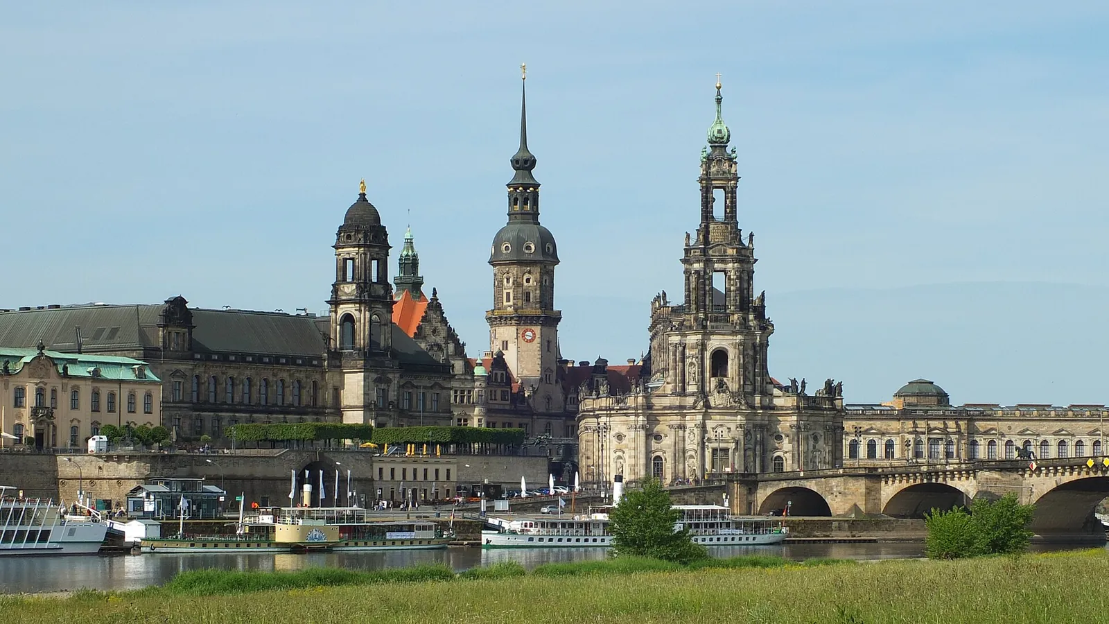 Dresden's rebuilt baroque skyline seen across the Elbe river