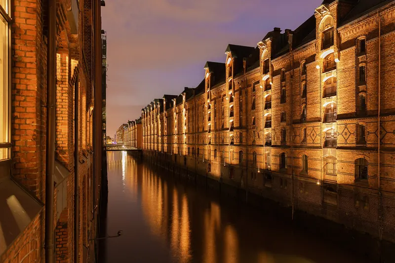 The Speicherstadt warehouses illuminated at night