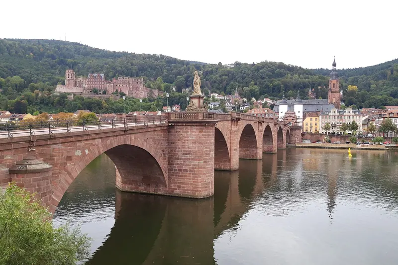 Heidelberg Castle, the Old Bridge and the old town seen from the Philosophers' Walk hillside