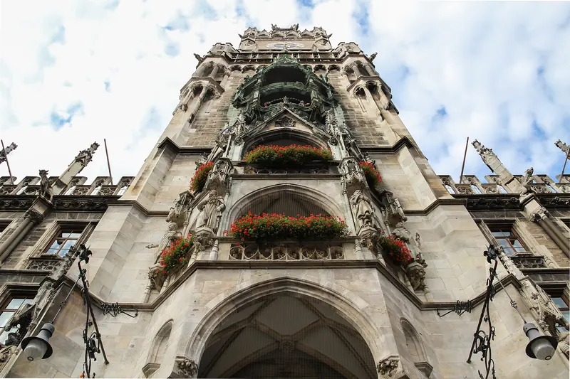 Looking up at the Glockenspiel tower on Munich's New Town Hall
