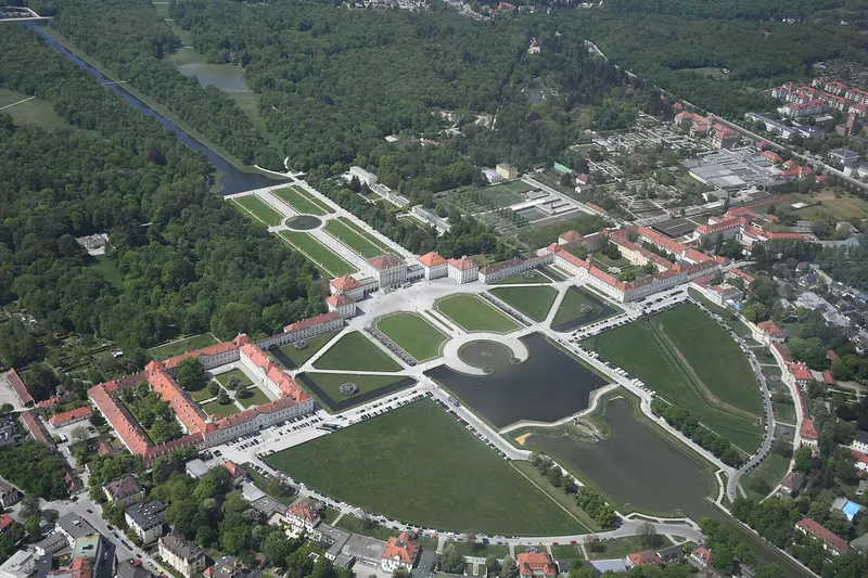An aerial view of Nymphenburg Palace and its gardens