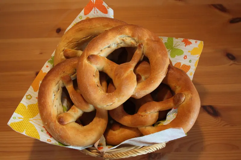 A basket of fresh Bavarian pretzels