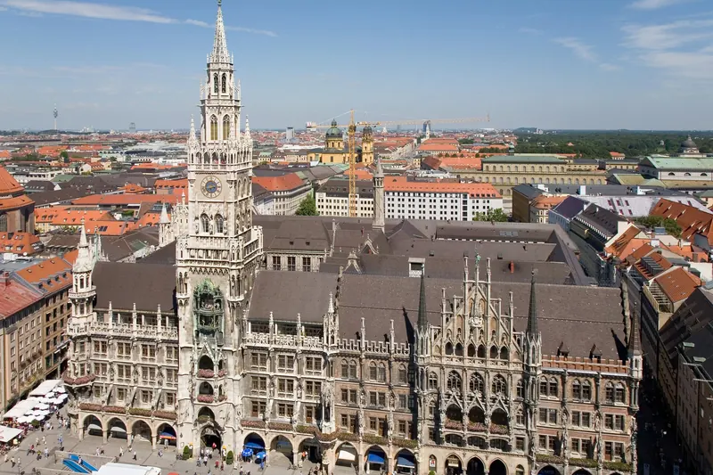 The Gothic towers of Munich's New Town Hall on Marienplatz