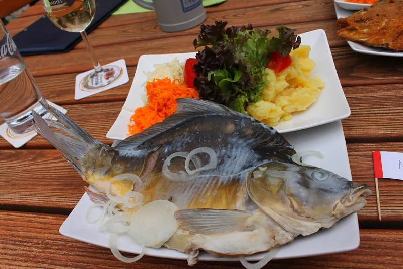 Karpfen blau, poached carp, a traditional Franconian preparation