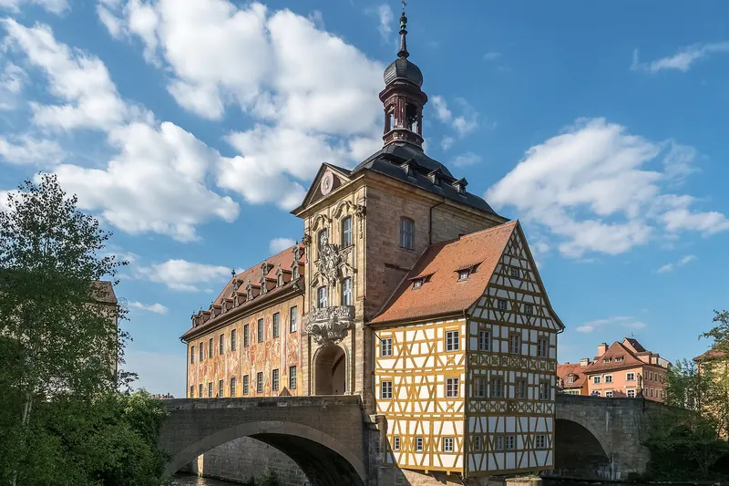 Bamberg's Old Town Hall, built on an island in the Regnitz river, a popular day trip from Nuremberg
