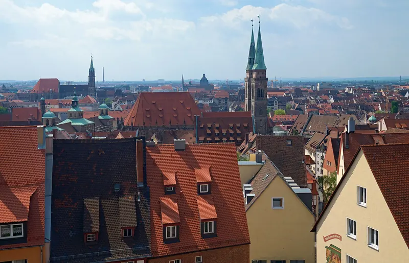Nuremberg's old town rooftops seen from the walls of the Kaiserburg castle