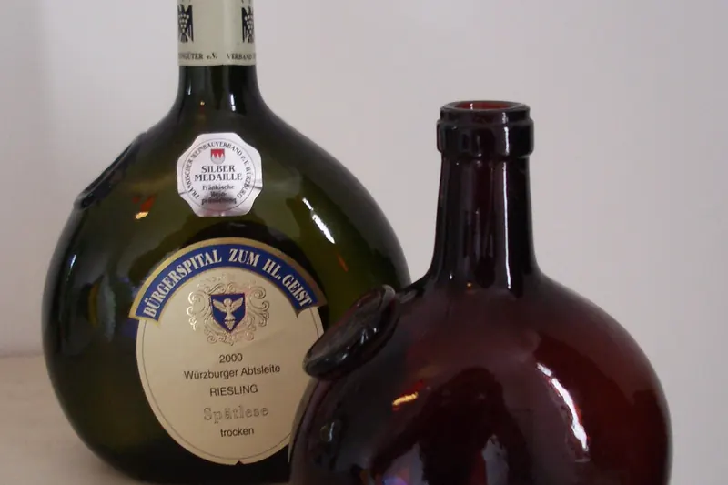 Flask-shaped Bocksbeutel bottles of Franconian wine