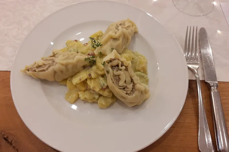 A plate of Maultaschen, Swabian filled pasta pockets