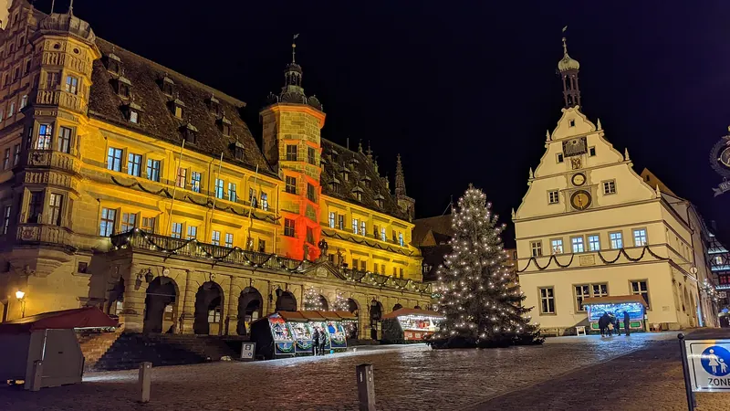 Rothenburg's illuminated market square at Christmas