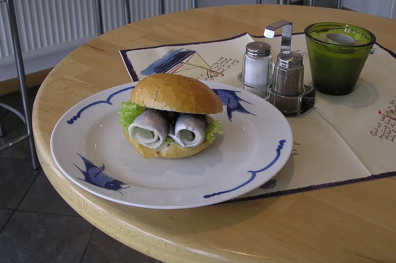 A Fischbrötchen, a fresh fish sandwich sold from Baltic coast harbour stands