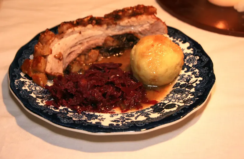 Mecklenburg Rippenbraten, roasted pork stuffed with prunes and apples
