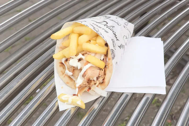 A chicken gyros wrap, Greece's beloved everyday fast food
