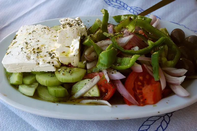 Horiatiki, a traditional Greek salad with feta