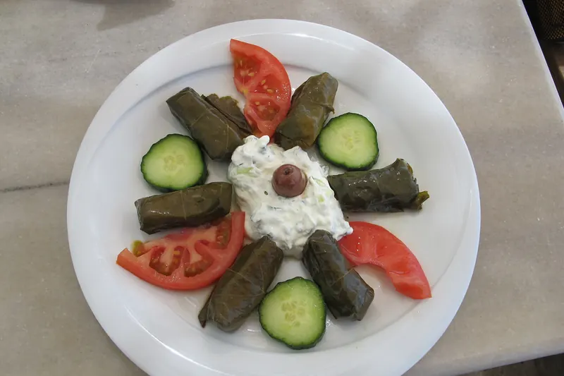 A mezze spread of dolma and tzatziki
