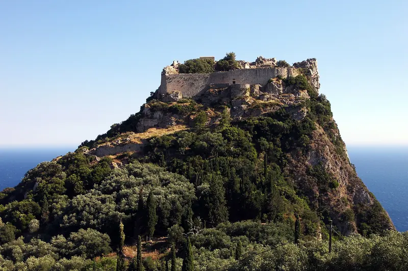 The ruined Byzantine castle of Angelokastro on its clifftop