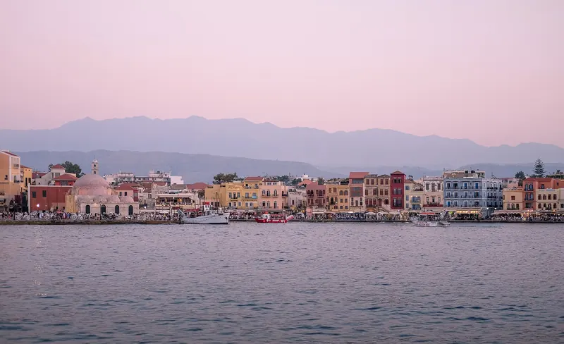 Chania's Venetian harbour at dusk on the island of Crete