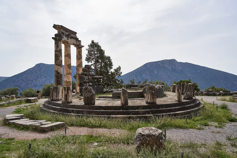 A wide view of the Tholos and the Sanctuary of Athena Pronaia