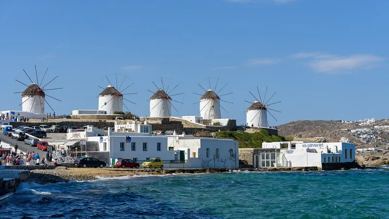 The windmills of Kato Mili above Mykonos Town