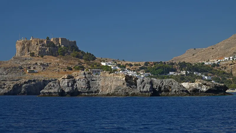 Lindos village beneath its clifftop Acropolis