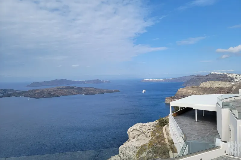 The caldera view from a Santorini winery terrace