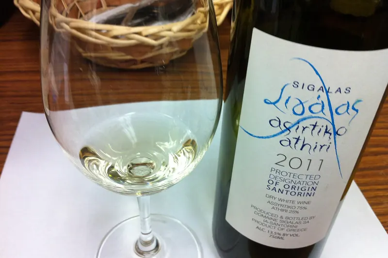 A bottle of Assyrtiko, Santorini's signature white wine