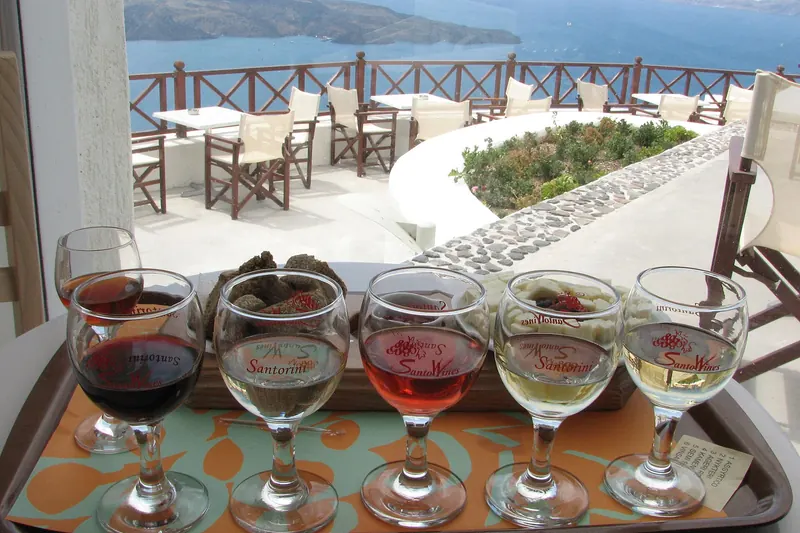 A wine tasting flight at a Santorini winery